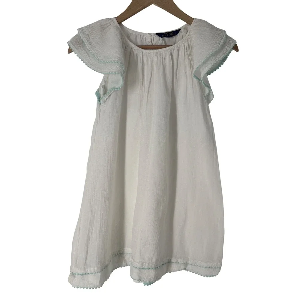 Polo Ralph Lauren Girls White Cotton Gauze Flutter Sleeve Dress Size 8 Beachy